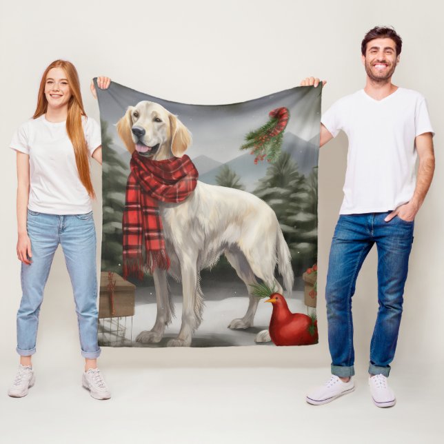 English Setter Dog in Snow Christmas Fleece Blanket (In Situ)