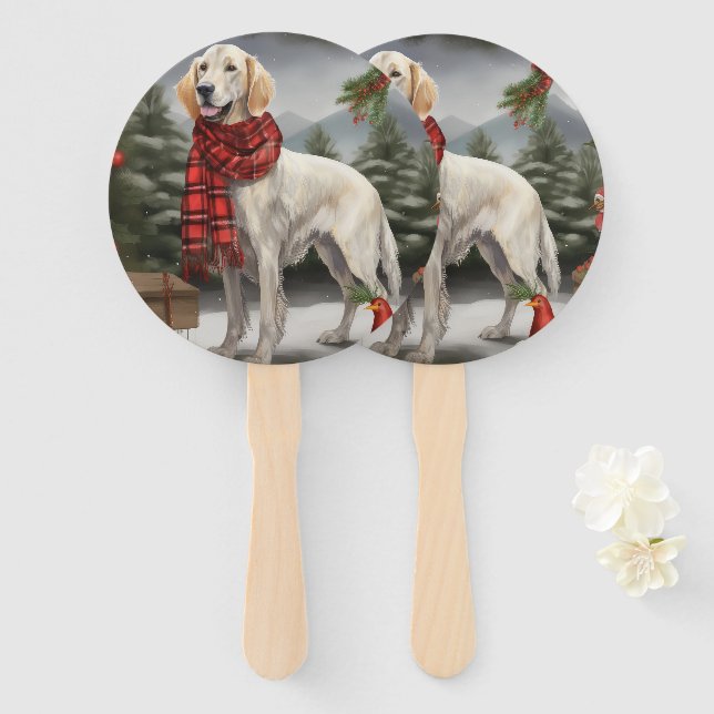 English Setter Dog in Snow Christmas Hand Fan (Front and Back)
