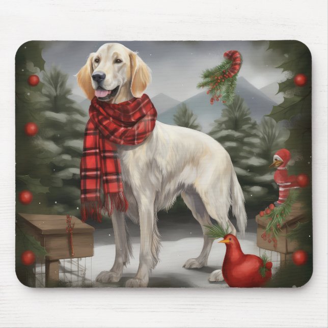 English Setter Dog in Snow Christmas Mouse Mat (Front)