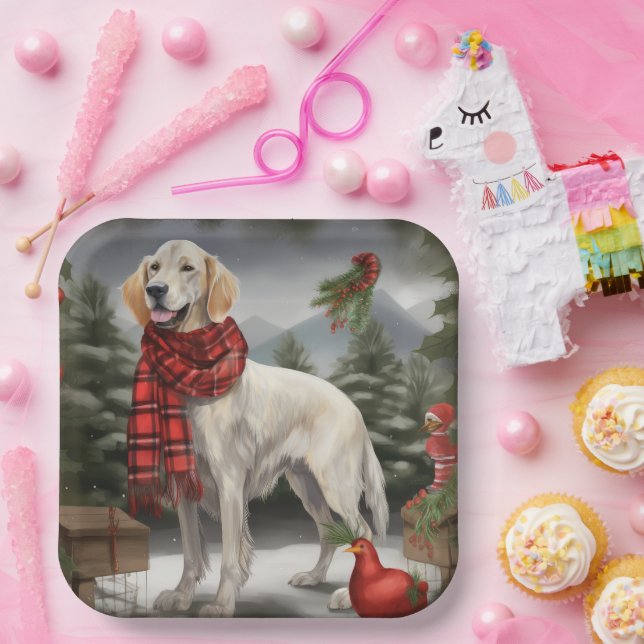 English Setter Dog in Snow Christmas Paper Plate (Party)