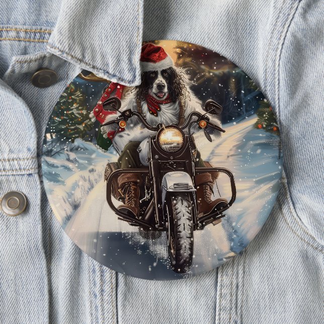 English Setter Dog Riding Motorcycle Christmas 6 Cm Round Badge (In Situ)