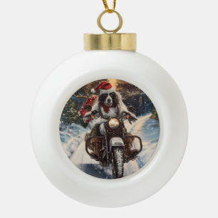 English Setter Dog Riding Motorcycle Christmas Ceramic Ball Christmas Ornament