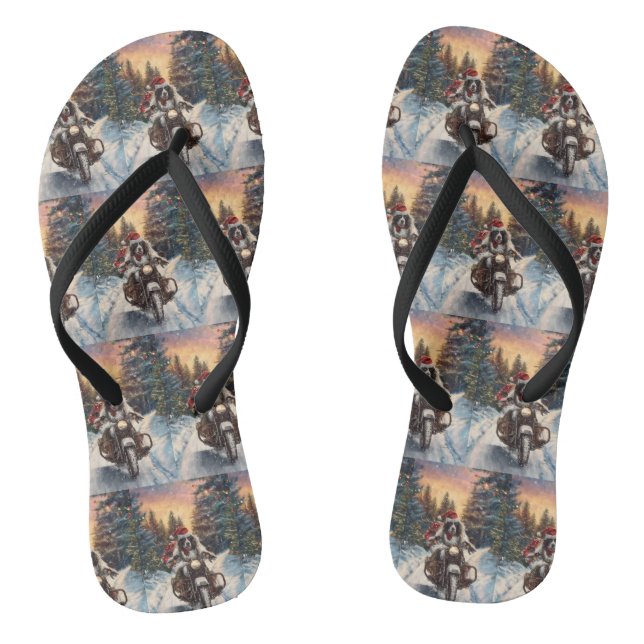 English Setter Dog Riding Motorcycle Christmas Flip Flops (Footbed)
