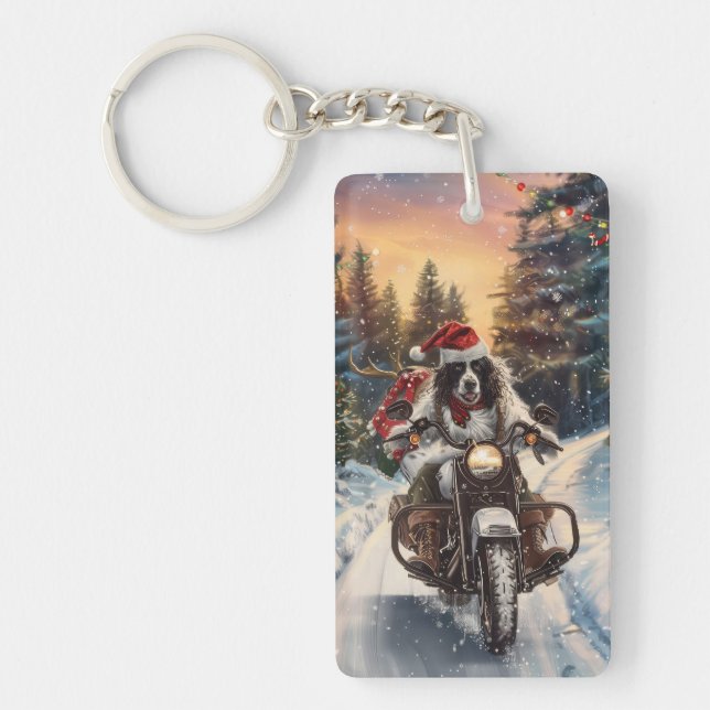 English Setter Dog Riding Motorcycle Christmas Key Ring (Front)