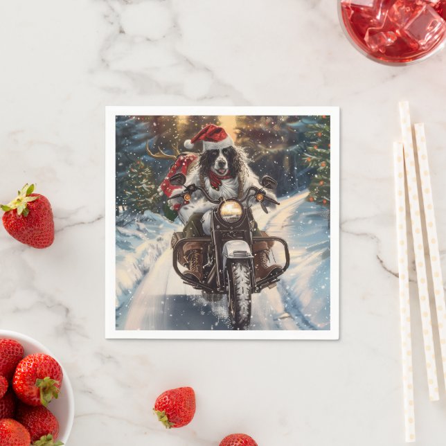 English Setter Dog Riding Motorcycle Christmas Napkin (Insitu)