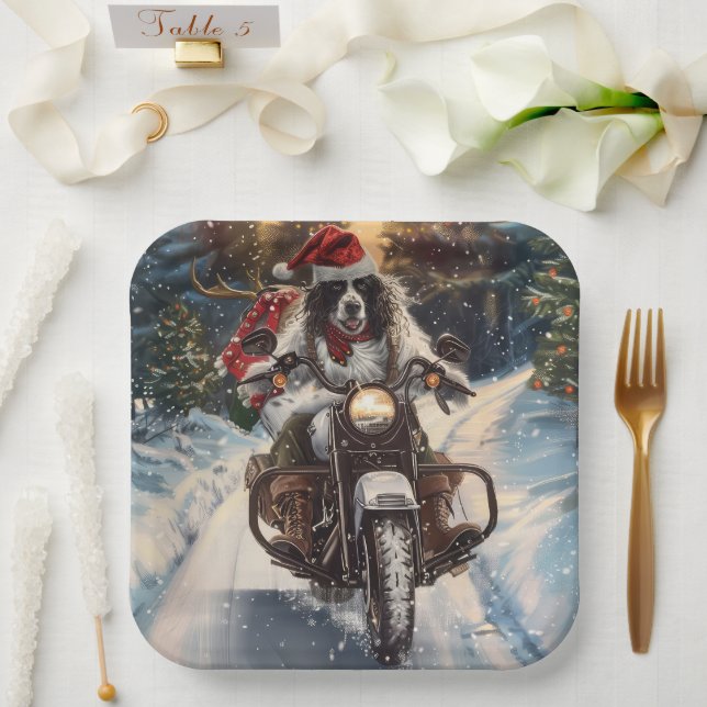 English Setter Dog Riding Motorcycle Christmas Paper Plate (Wedding)