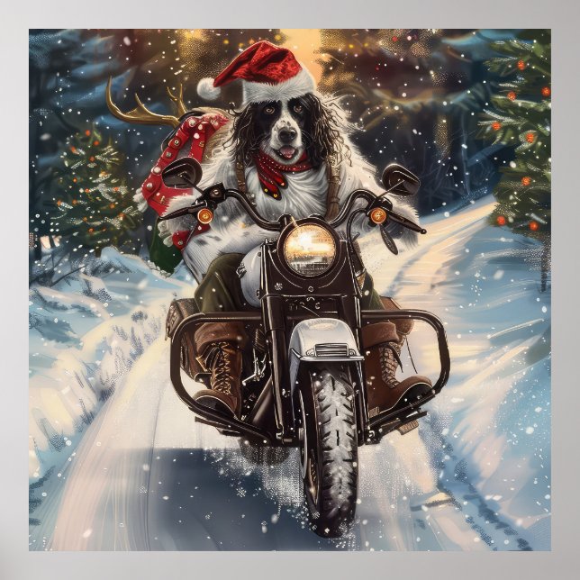 English Setter Dog Riding Motorcycle Christmas Poster (Front)