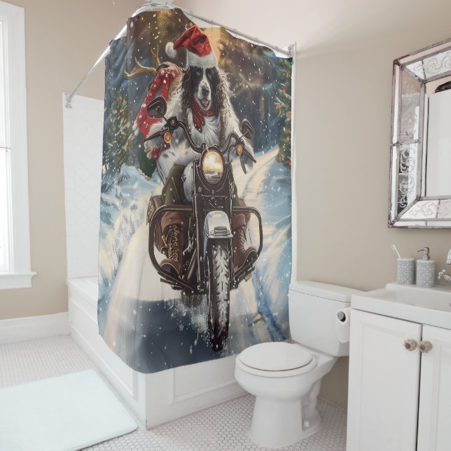 English Setter Dog Riding Motorcycle Christmas Shower Curtain (In Situ)