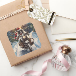 English Setter Dog Riding Motorcycle Christmas Square Sticker