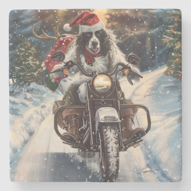 English Setter Dog Riding Motorcycle Christmas Stone Coaster (Front)