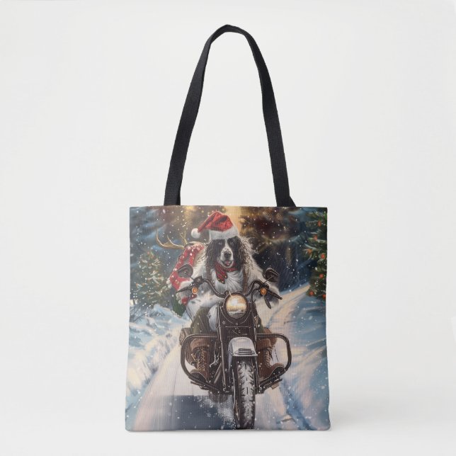 English Setter Dog Riding Motorcycle Christmas Tote Bag (Front)