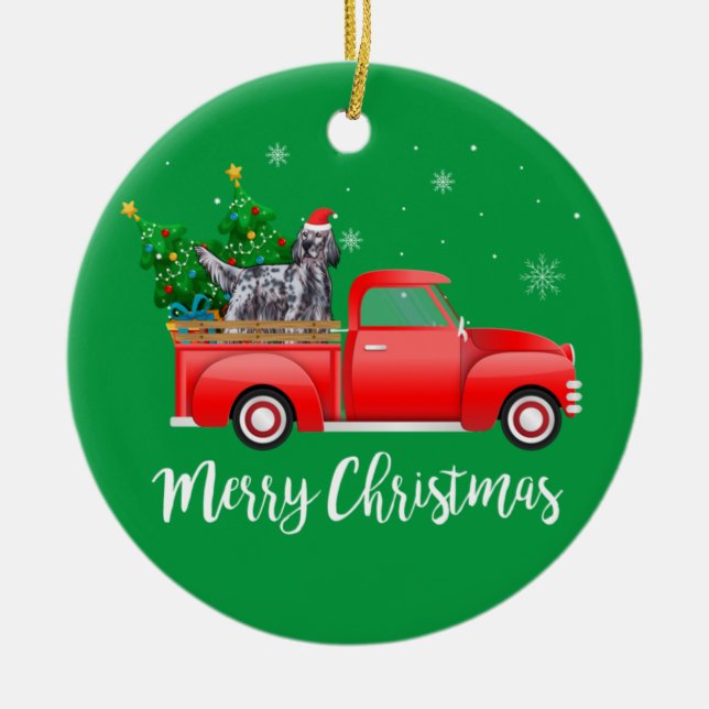 English Setter Dog Riding Red Truck Christmas Ceramic Tree Decoration (Front)