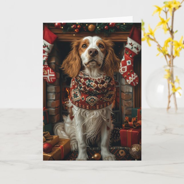 English Setter Dog With Christmas Gifts Fireplace Card (Yellow Flower)