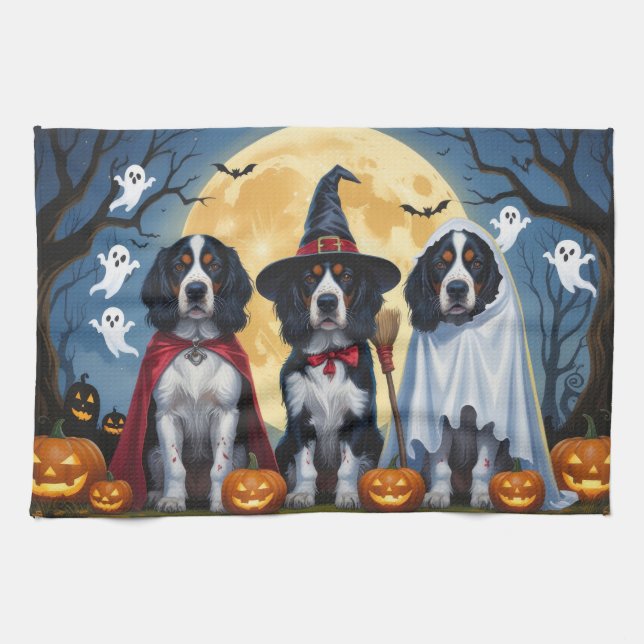 English Setter Dogs Pumpkin Halloween Funny Tea Towel (Horizontal)
