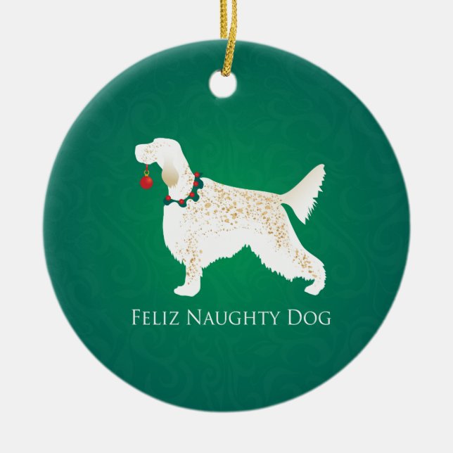 English Setter Feliz Naughty Dog Christmas Ceramic Tree Decoration (Front)
