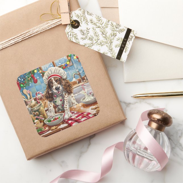 English Setter Holiday Baking: Festive Christmas Square Sticker (Gifting)