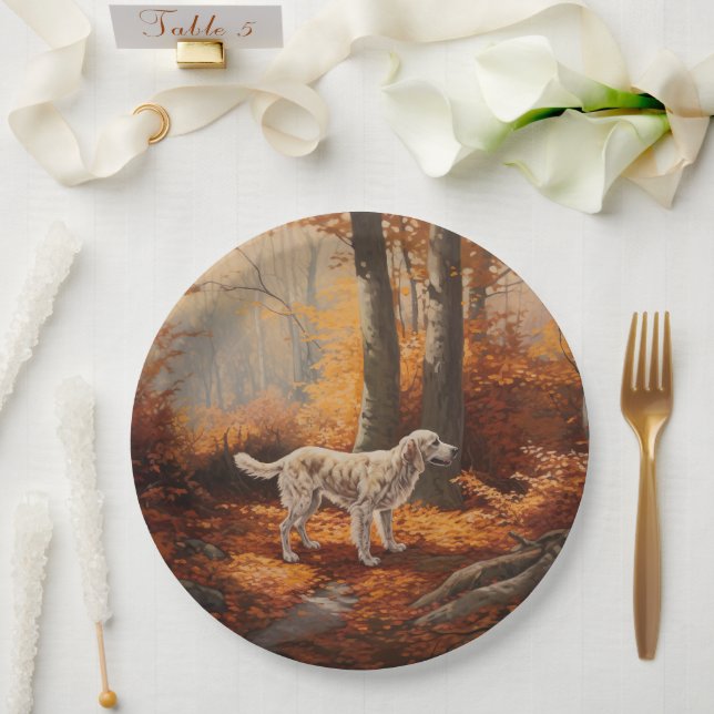 English Setter in Autumn Leaves Fall Inspire Paper Plate (Wedding)