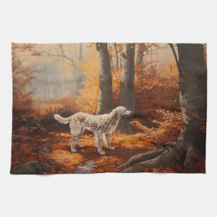 English Setter in Autumn Leaves Fall Inspire Tea Towel