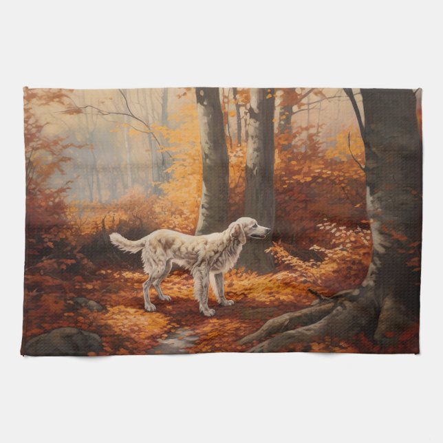 English Setter in Autumn Leaves Fall Inspire Tea Towel (Horizontal)