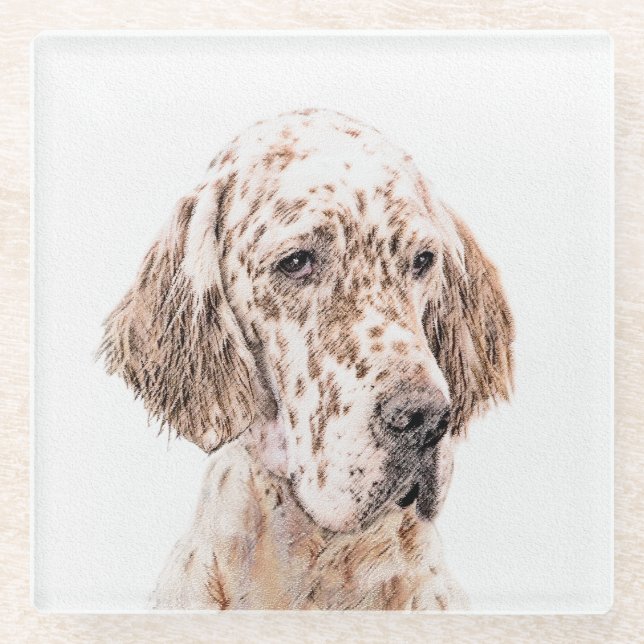 English Setter Orange Belton Painting Dog Art Glass Coaster (Front)