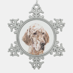 English Setter Orange Belton Painting Dog Art Snowflake Pewter Christmas Ornament