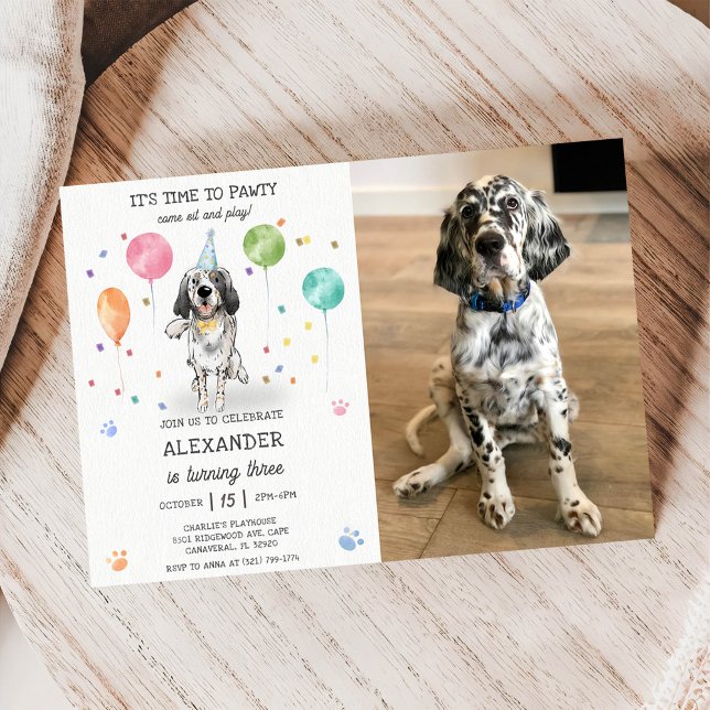 English Setter Pawty Dog Puppy Birthday Blue Photo Invitation (Creator Uploaded)