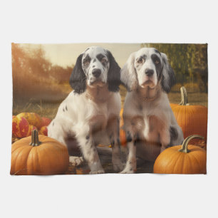 English Setter Puppy Autumn Delight Pumpkin Tea Towel