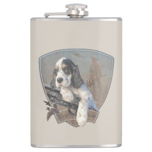 English Setter puppy with a classic shotgun Hip Flask