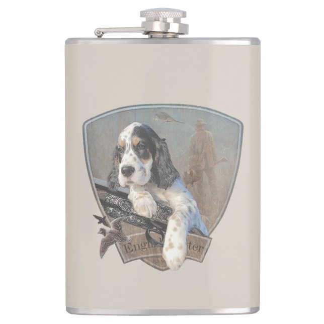 English Setter puppy with a classic shotgun    Hip Flask (Front)