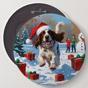 English Setter Running in Snow with Christmas Hat 6 Cm Round Badge
