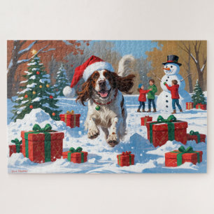 English Setter Running in Snow with Christmas Hat Jigsaw Puzzle