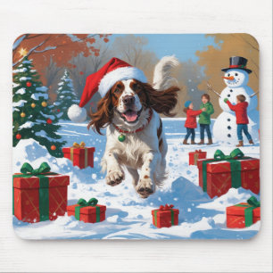 English Setter Running in Snow with Christmas Hat Mouse Mat