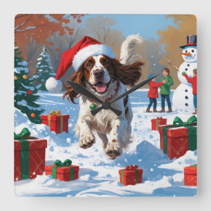 English Setter Running in Snow with Christmas Hat Square Wall Clock