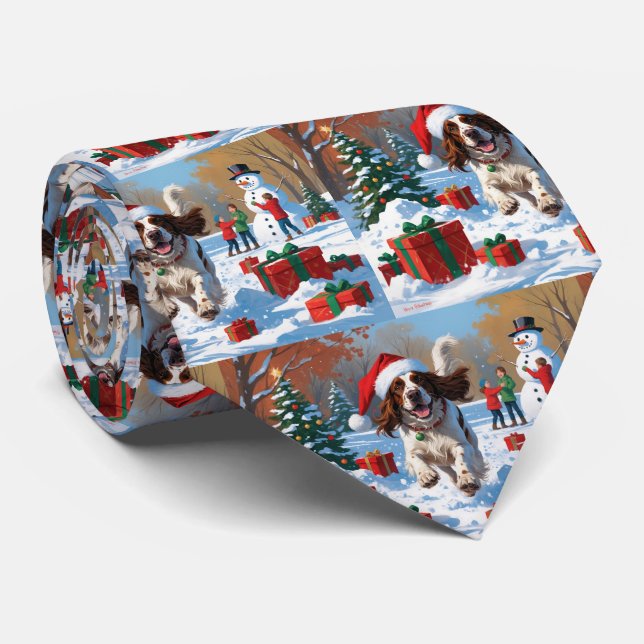 English Setter Running in Snow with Christmas Hat Tie (Rolled)