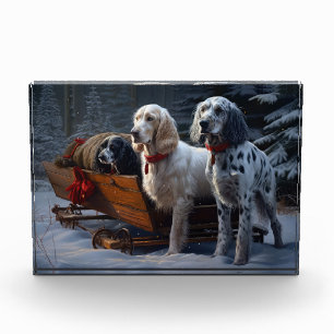 English Setter Snowy Sleigh Christmas Decor Photo Block
