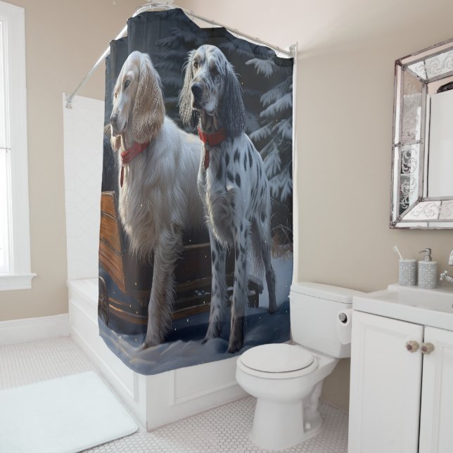 English Setter Snowy Sleigh Christmas Decor  Shower Curtain (In Situ)