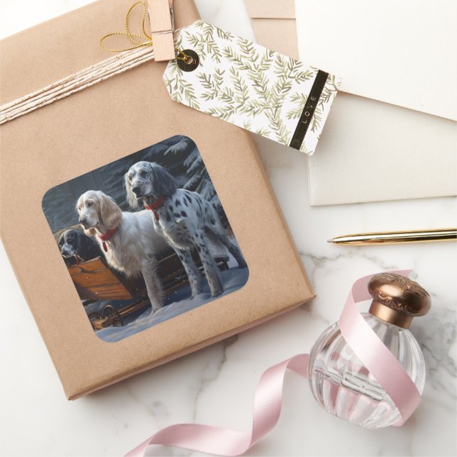 English Setter Snowy Sleigh Christmas Decor  Square Sticker (Gifting)