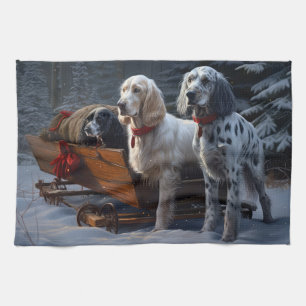 English Setter Snowy Sleigh Christmas Decor Tea Towel