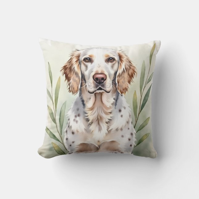 English Setter Watercolor Feather Pattern Art Cushion (Front)