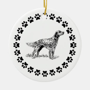 English Setter with Pawprints Ceramic Tree Decoration