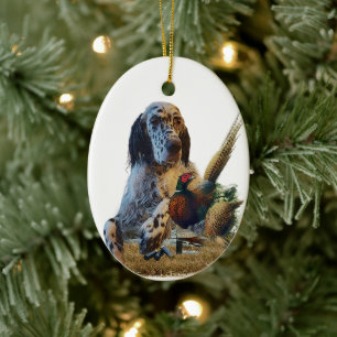 English setter with pheasants, art    ceramic tree decoration