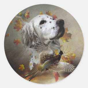 English setter with pheasants, art classic round sticker