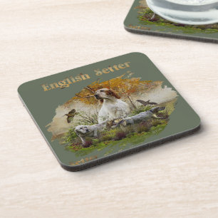 English setter with pheasants, art     coaster