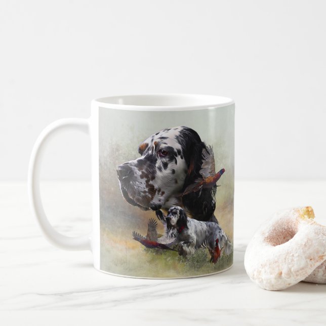 English setter with pheasants, art  coffee mug (With Donut)