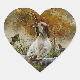 English setter with pheasants, art       heart sticker