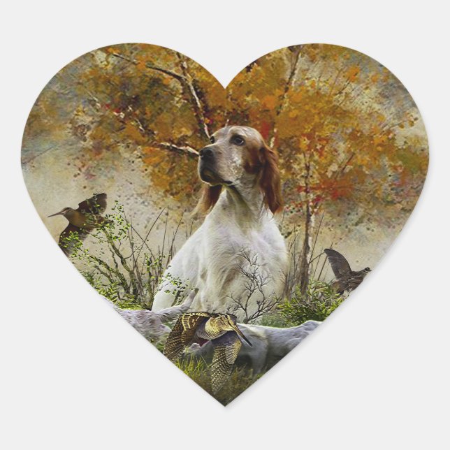 English setter with pheasants, art       heart sticker (Front)