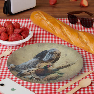 English setter with pheasants, art paper plate