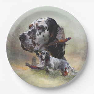 English setter with pheasants, art paper plate