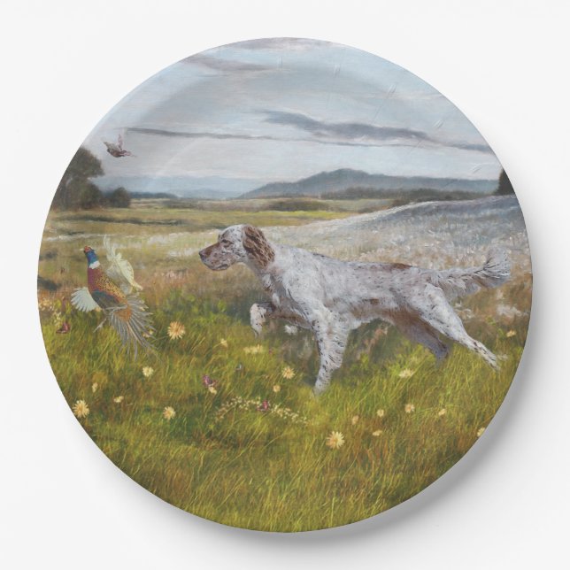 English setter with pheasants, art  paper plates (Front)