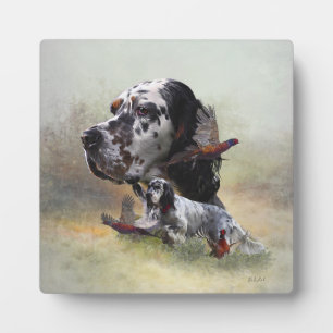 English setter with pheasants, art plaque